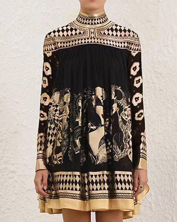 A-Line Long Sleeves Bronzing Printed Split-Joint Mock Neck Mini Dresses