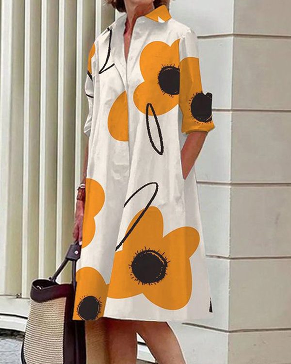Long Sleeves Loose Flower Print Split-Joint Lapel Midi Dresses Shirt Dress