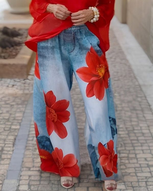 Loose Wide Leg Flower Print Jean Pants Bottoms Trousers