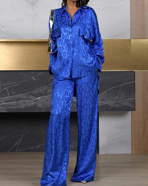 Loose Leopard Lapel Blouse Top + Wide Pants Trousers Two Pieces Set