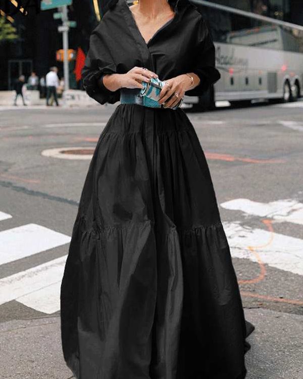 Long Sleeves Loose Belted Pleated Solid Color Lapel Maxi Dresses