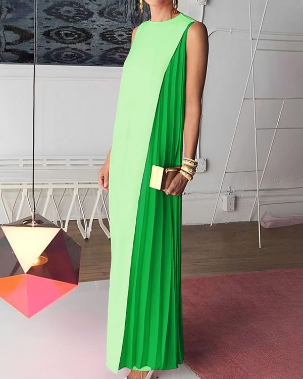 Loose Sleeveless Asymmetric Contrast Color Pleated Split-Joint Round-Neck Maxi Dresses