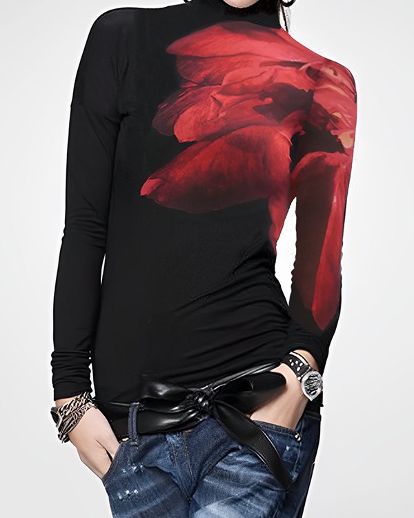 Long Sleeves Skinny Asymmetric Printed Split-Joint High Neck T-Shirts Tops