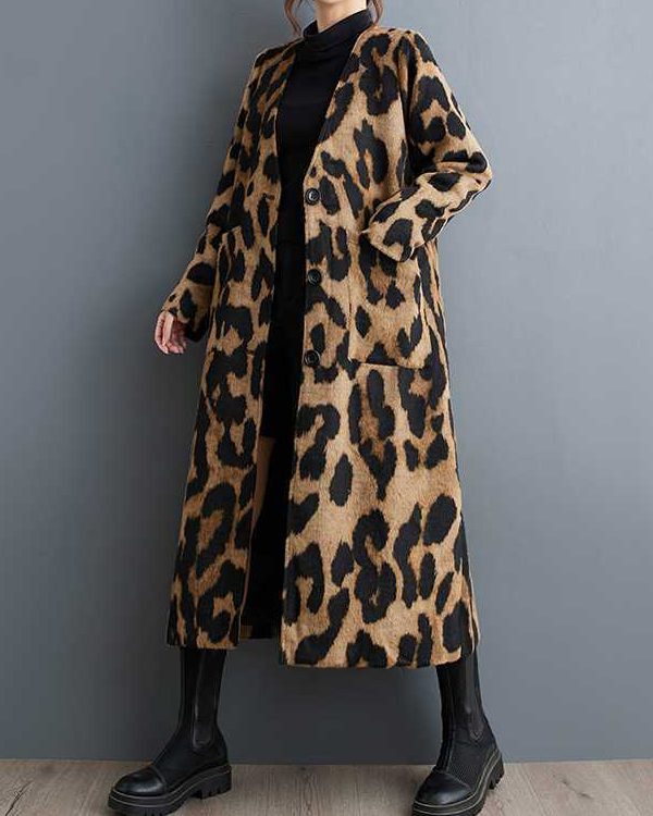Long Sleeves Loose Buttoned Leopard Pockets Split-Joint V-Neck Outerwear Trench Coats