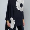 Long Sleeves Loose Asymmetric Floral Printed Split-Joint High Neck T-Shirts