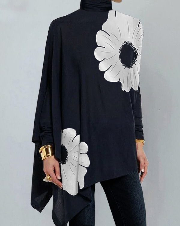 Long Sleeves Loose Asymmetric Floral Printed Split-Joint High Neck T-Shirts