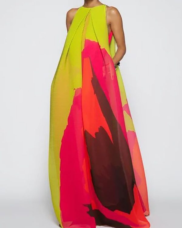 Loose Sleeveless Multi-Colored Round-Neck Maxi Dresses