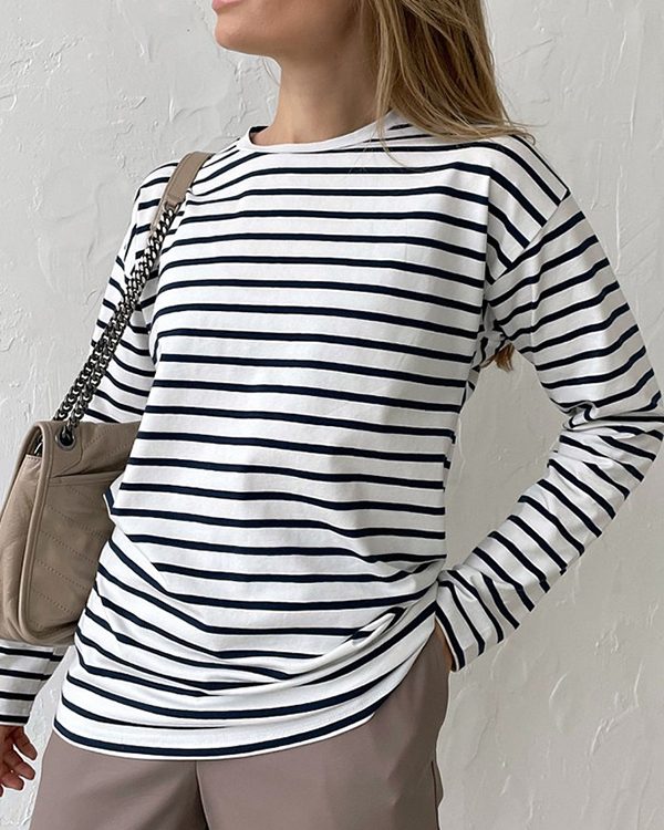 Long Sleeves Loose Striped Round-Neck T-Shirts Tops