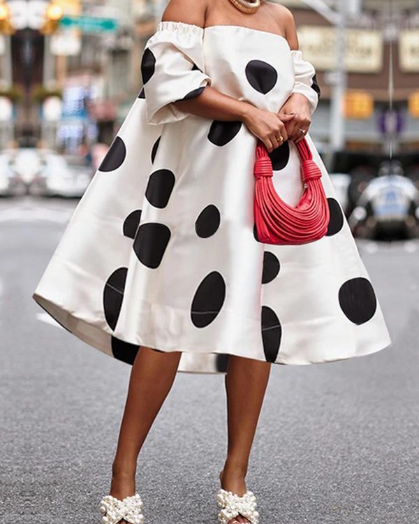 A-Line Loose Polka-Dot Split-Joint Off-The-Shoulder Midi Dresses