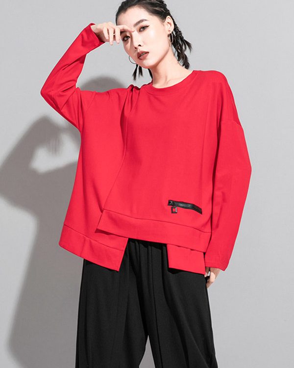 Solid Color Asymmetric Split-Joint Zipper Loose T-Shirt