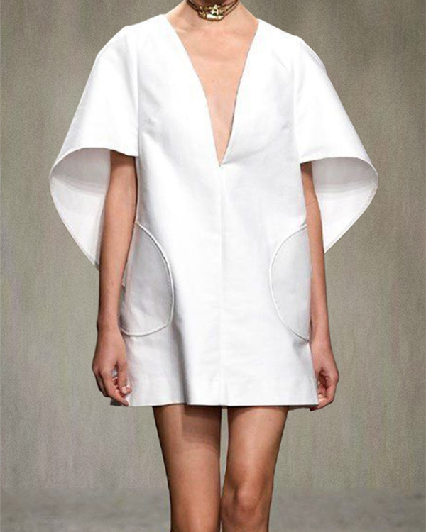 Half Sleeves Loose Solid Color Deep V-Neck Mini Dresses