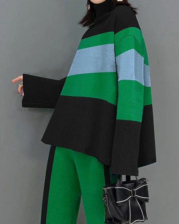Flared Sleeves High-Low Contrast Color Split-Joint High Neck Pullovers Sweater Tops
