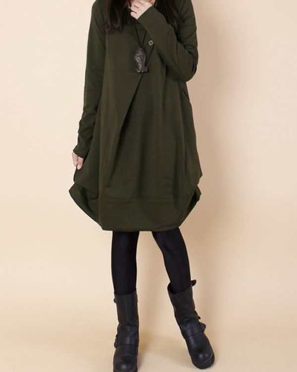 A-line Long Sleeves Pleated Solid Color Round-neck Dresses Maxi Dresses