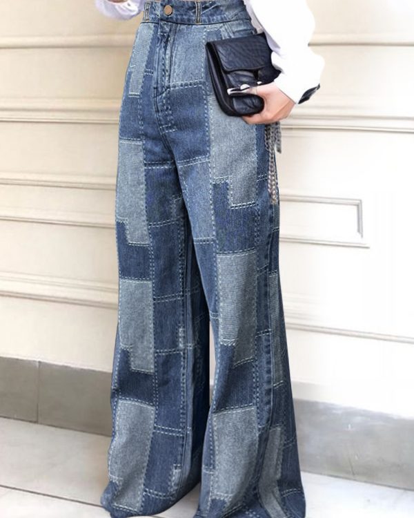 Loose Wide Leg Buttoned Plaid Pockets Split-Joint Jean Pants Bottoms
