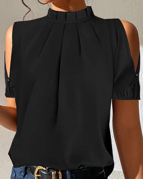 Loose Short Sleeves Hollow Pleated Solid Color Split-Joint Stand Collar Blouses