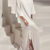 Loose Three-Quarter Sleeves Solid Color Split-Side Boat Neck Maxi Dresses