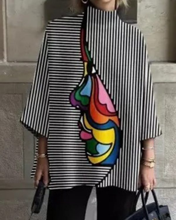 Loose Three-Quarter Sleeves Figure Printed Split-Joint Striped Stand Collar T-Shirts