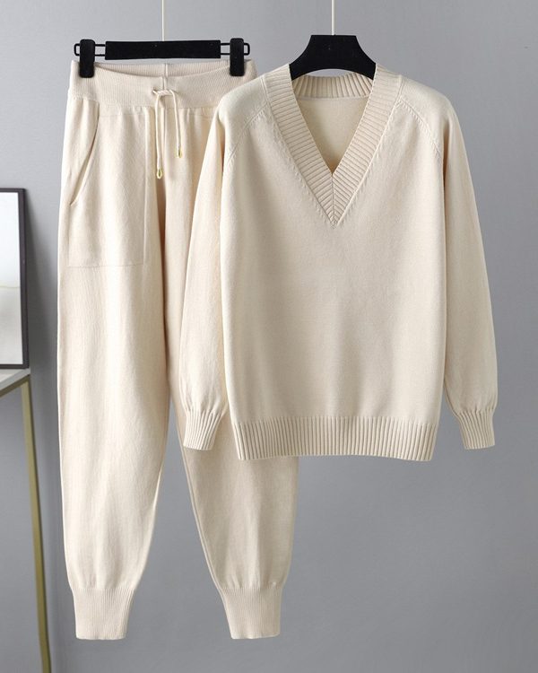 Casual Loose Harem Pants Solid Color V-Neck Sweater Tops Pants Two Pieces Set