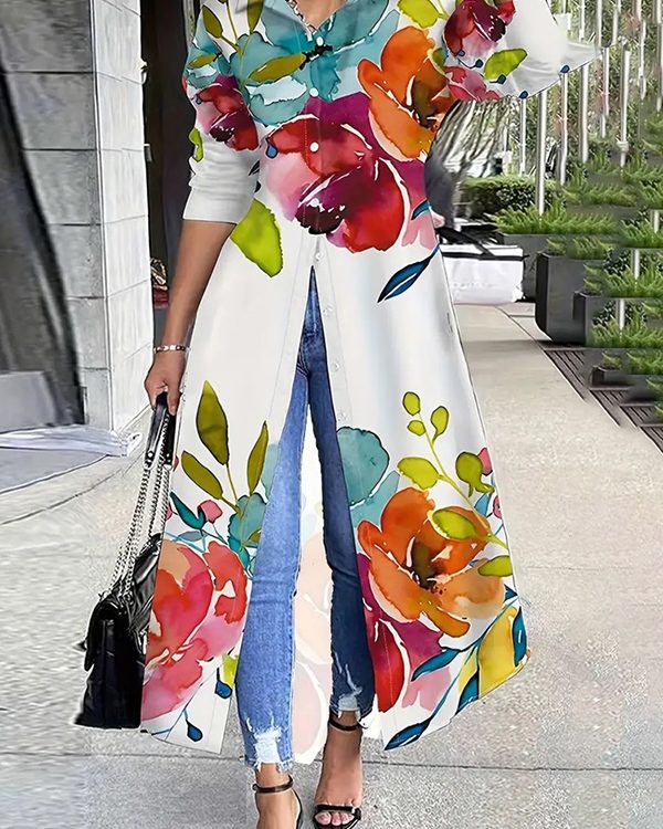 Long Sleeves Loose Buttoned Flower Print Lapel Maxi Dresses Shirt Dress