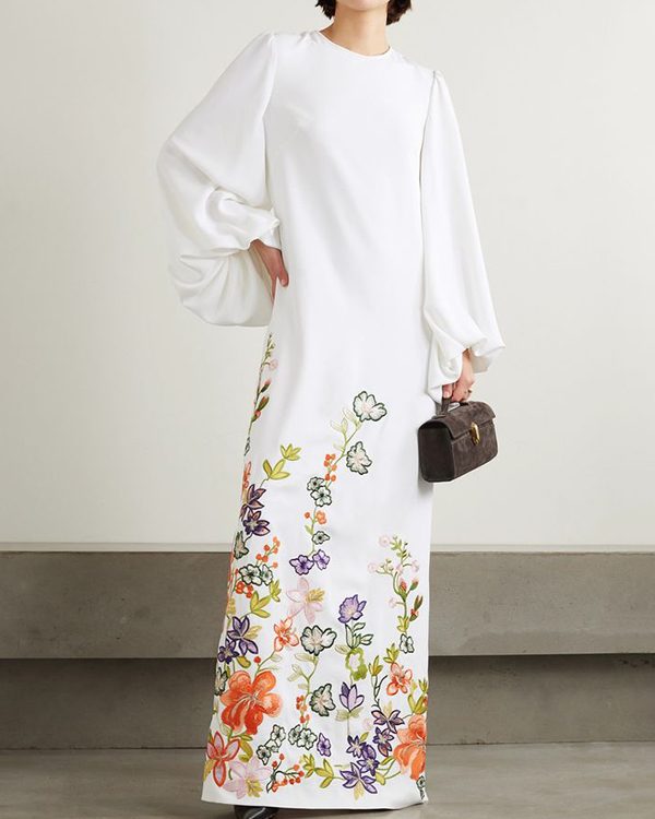 Long Sleeves Loose Elasticity Flower Print Round-Neck Maxi Dresses