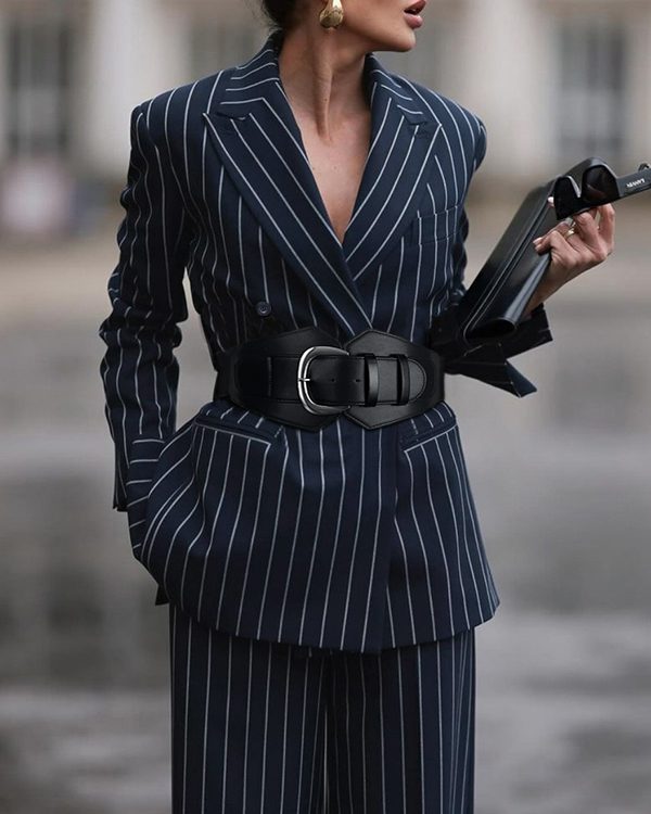 Long Sleeves Belted Striped Notched Collar Blazer Outerwear