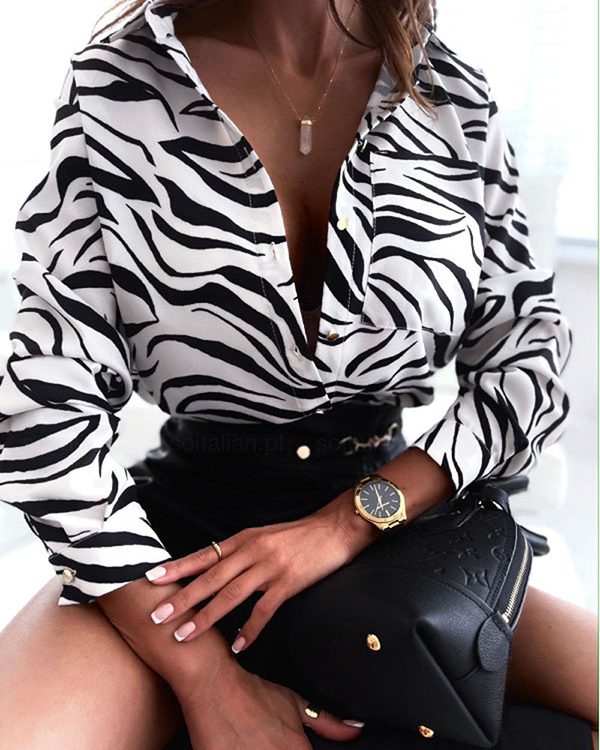 Long Sleeves Loose Printed Lapel Blouses