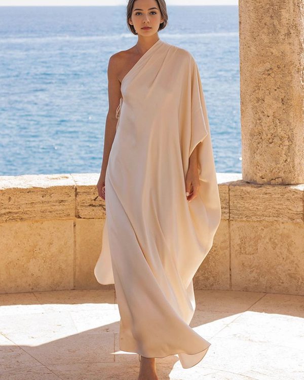 Batwing Sleeves Loose Solid Color Split-Joint One-Shoulder Maxi Dresses