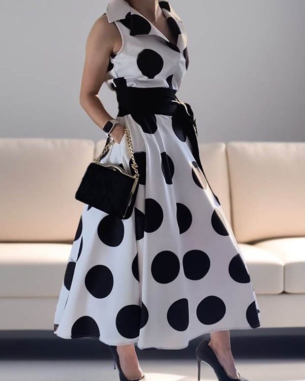 A-Line Sleeveless Polka-Dot Split-Joint Tied Waist Lapel Maxi Dresses Shirt Dress