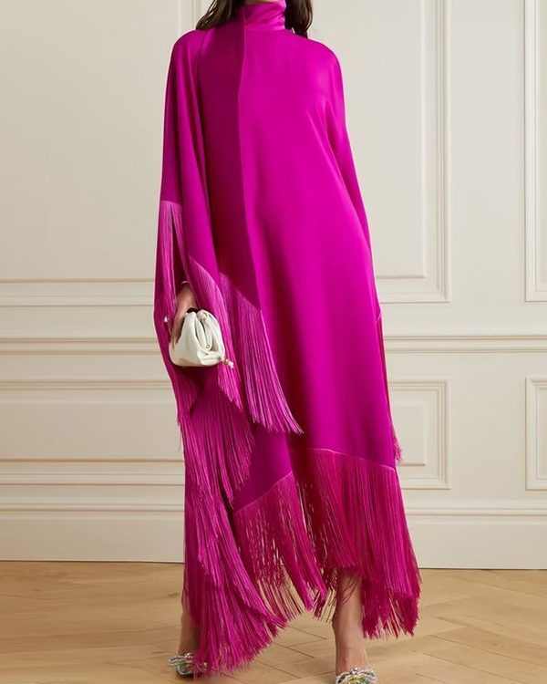 Batwing Sleeves Loose Solid Color Split-Joint Tasseled High Neck Evening Dresses Maxi Dresses